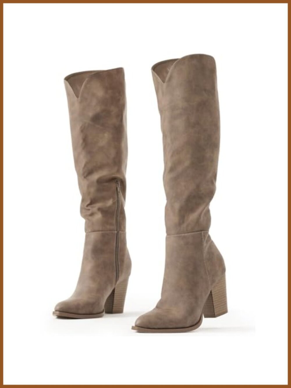 Faux Leather Knee High Western Boots Pointed Toe Chunky Heel